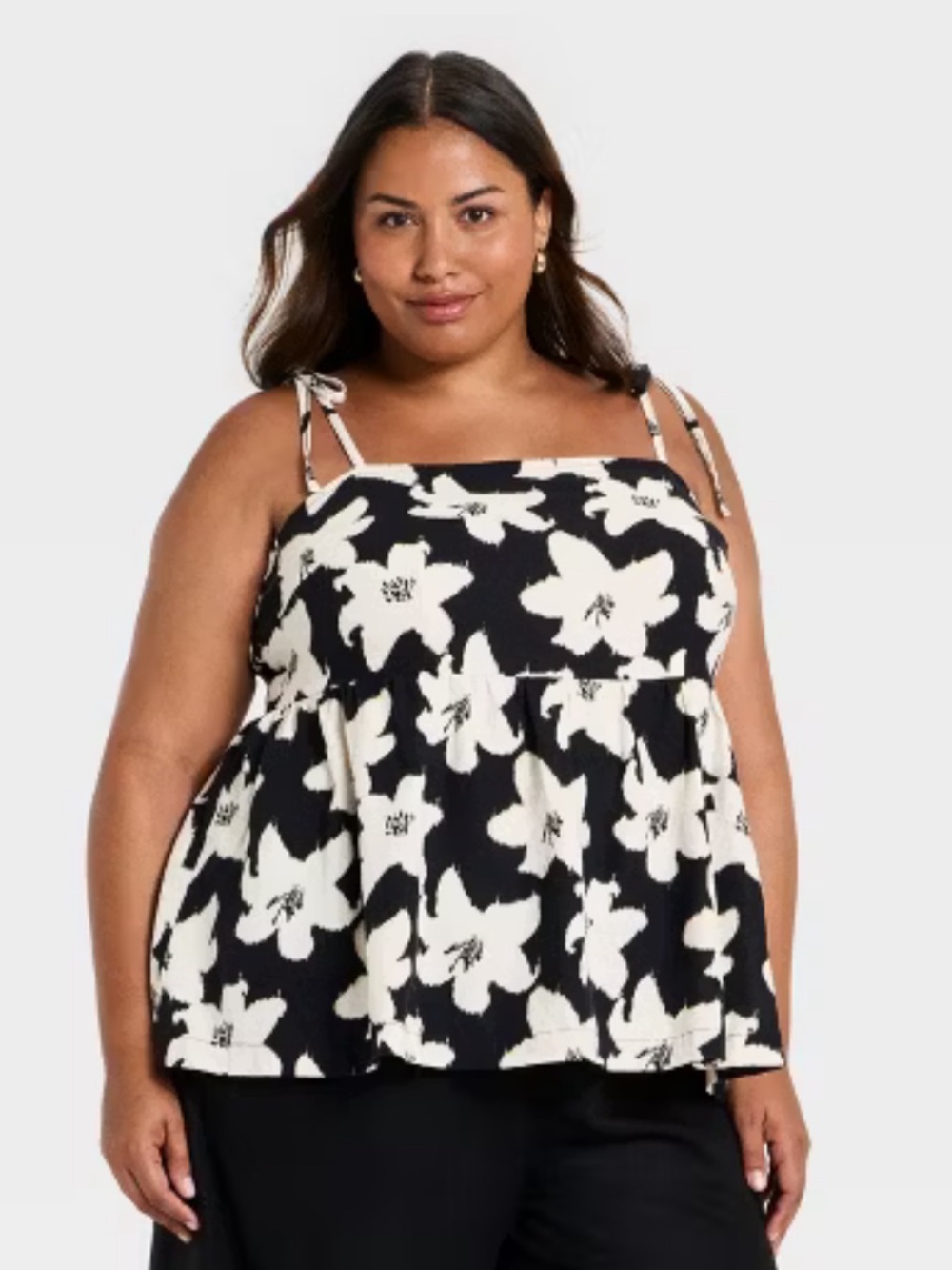 Ava & Viv Women's Plus Tie Strap‎ Babydoll Tank Top Black Floral 1X